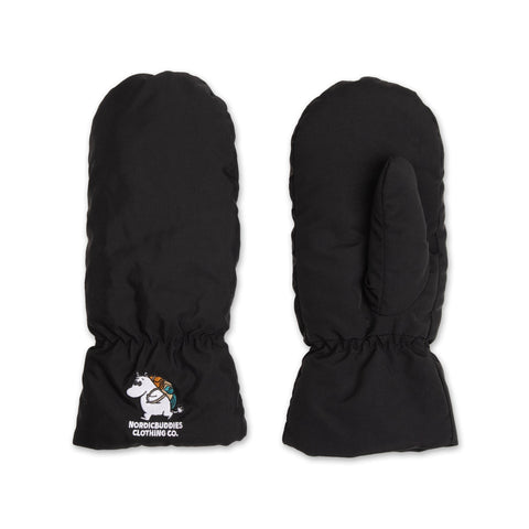 1. Black Moomintroll Puffer Mittens for adults by NordicBuddies, featuring Moomin embroidery, shown in studio