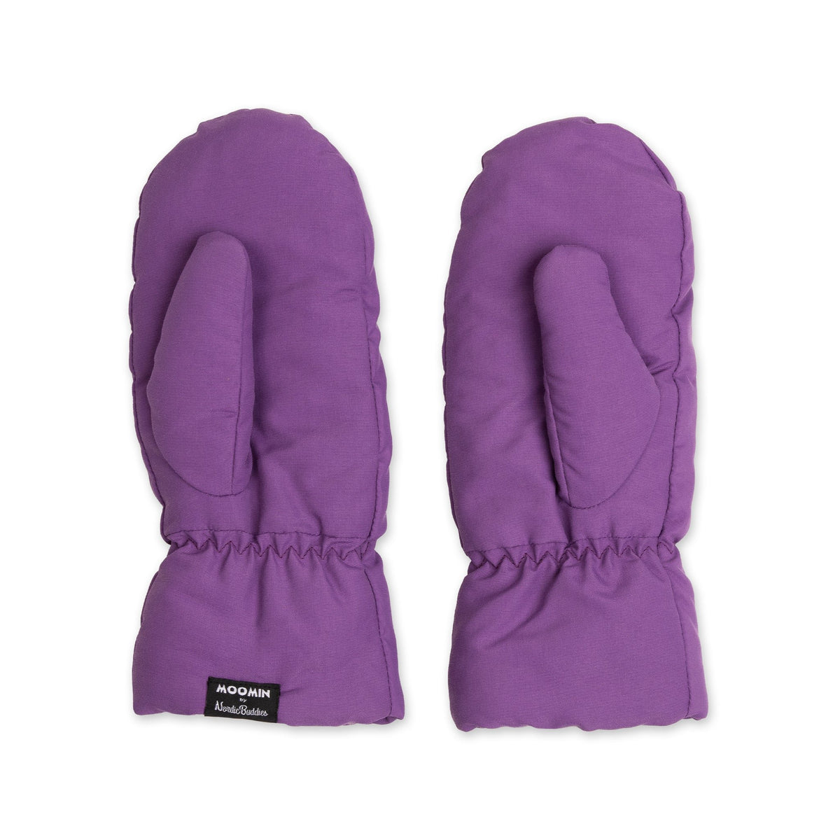 2. Moomin by NordicBuddies purple Moomintroll puffer mittens for adults, back view with Moomin branding, shown in studio