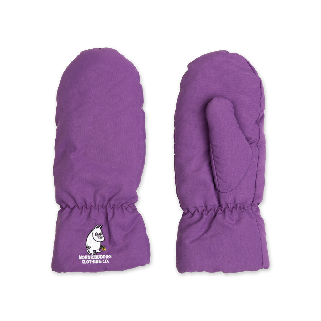 1. Moomin by NordicBuddies purple Moomintroll puffer mittens for adults, featuring NordicBuddies logo, shown in studio