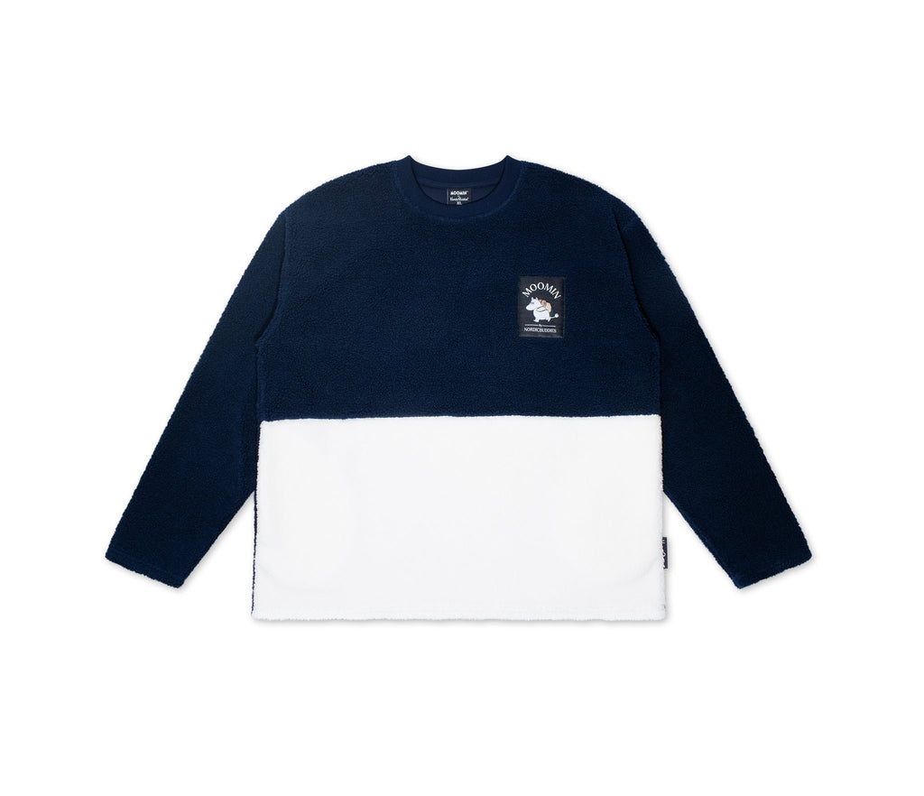 2. Unisex Moomin by NordicBuddies navy and white fleece shown flat in studio
