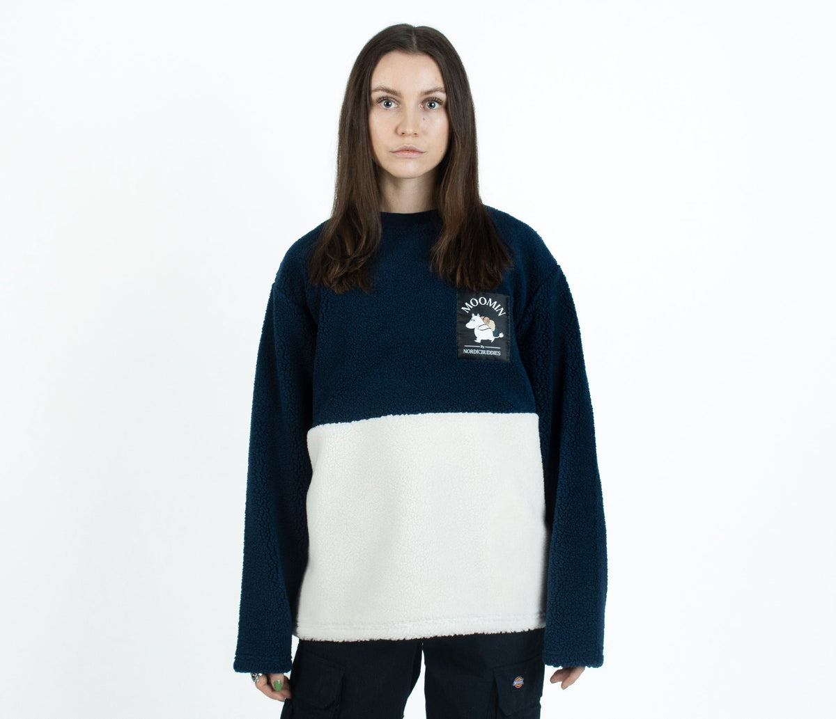 5. Woman in Moomin by NordicBuddies navy and white fleece, front view in studio