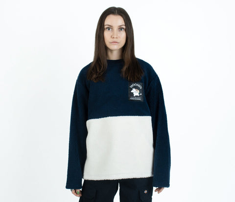 5. Woman in Moomin by NordicBuddies navy and white fleece, front view in studio
