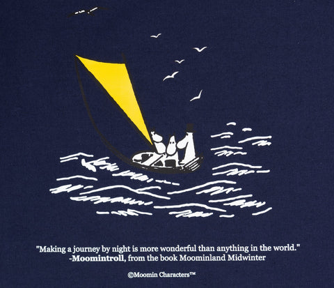 3. Close-up of Moominpappa at Sea tote bag design featuring Moomin illustration and quote on navy blue cotton