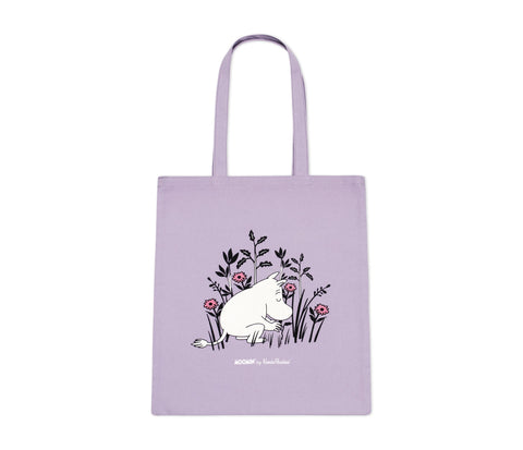 3. Studio image of Moomintroll tote bag in purple with floral and Moomintroll design