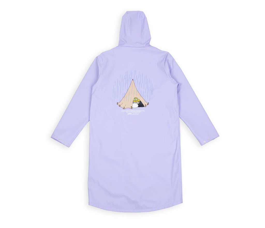 9. Back view of Moomin Adventure Rain Jacket in lilac with Moomin design