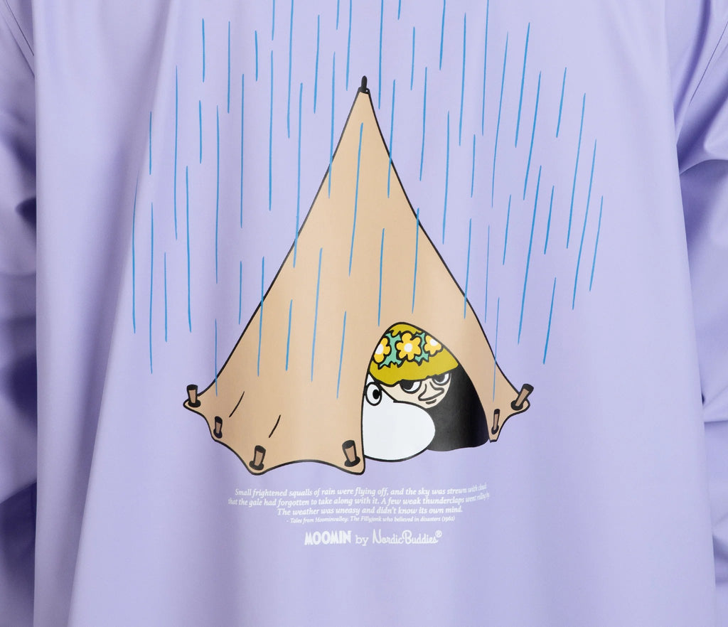 10. Close-up of Moomin design on lilac rain jacket showing tent and rain illustration