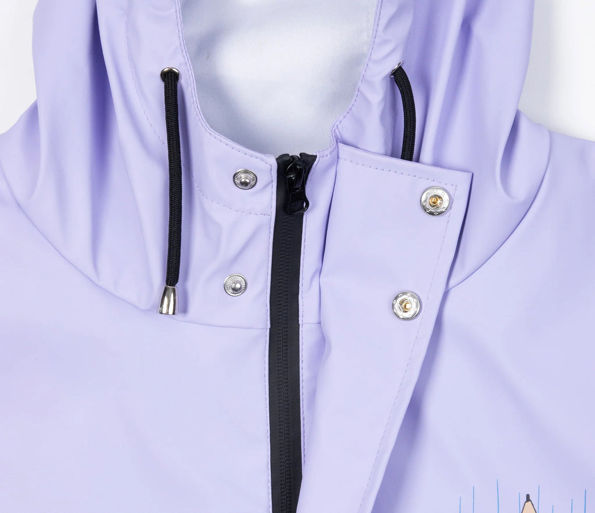 11. Close-up of hood and button details on Moomin Adventure Rain Jacket in lilac