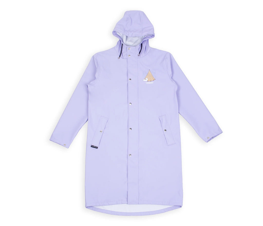 8. Studio shot of Moomin Adventure Rain Jacket in lilac highlighting front design and pockets