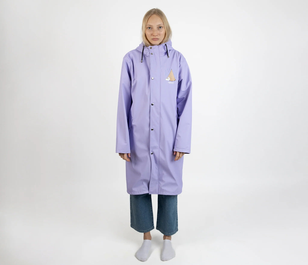 3. Women's Moomin Adventure Rain Jacket in lilac worn by female model in studio