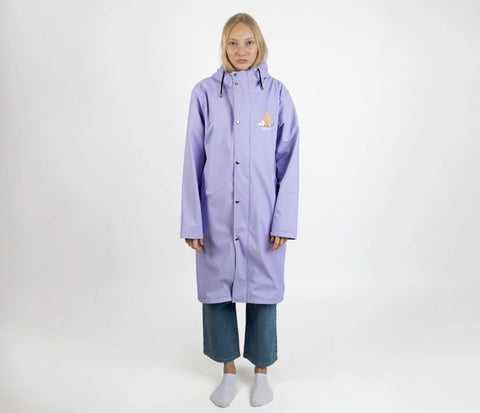 3. Women's Moomin Adventure Rain Jacket in lilac worn by female model in studio