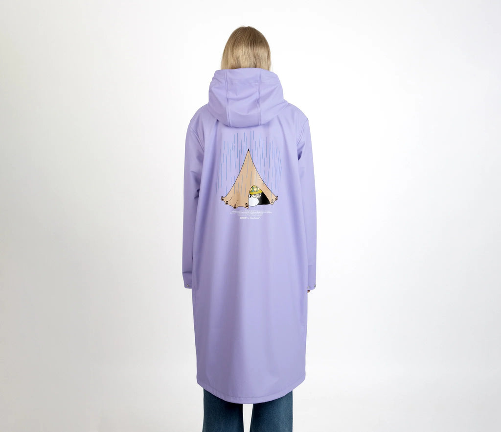 6. Women's Moomin Adventure Rain Jacket in lilac shown from the back with Moomin design