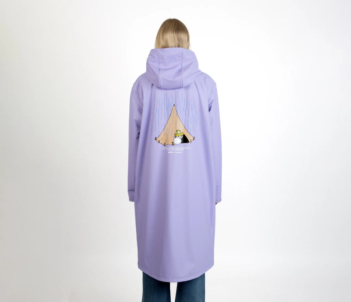 6. Women's Moomin Adventure Rain Jacket in lilac shown from the back with Moomin design