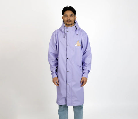 4. Men's Moomin Adventure Rain Jacket in lilac worn by male model in studio