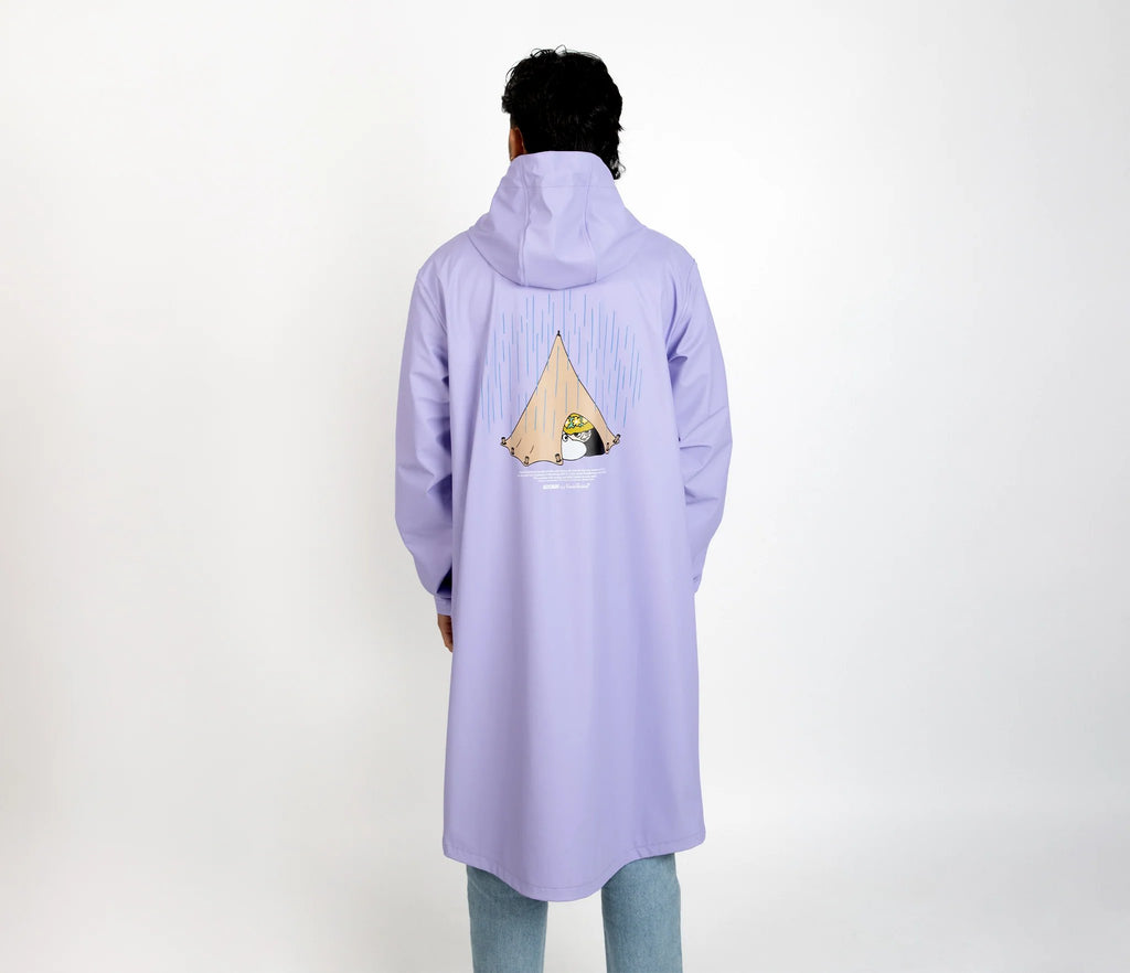 5. Men's Moomin Adventure Rain Jacket in lilac shown from the back with Moomin design