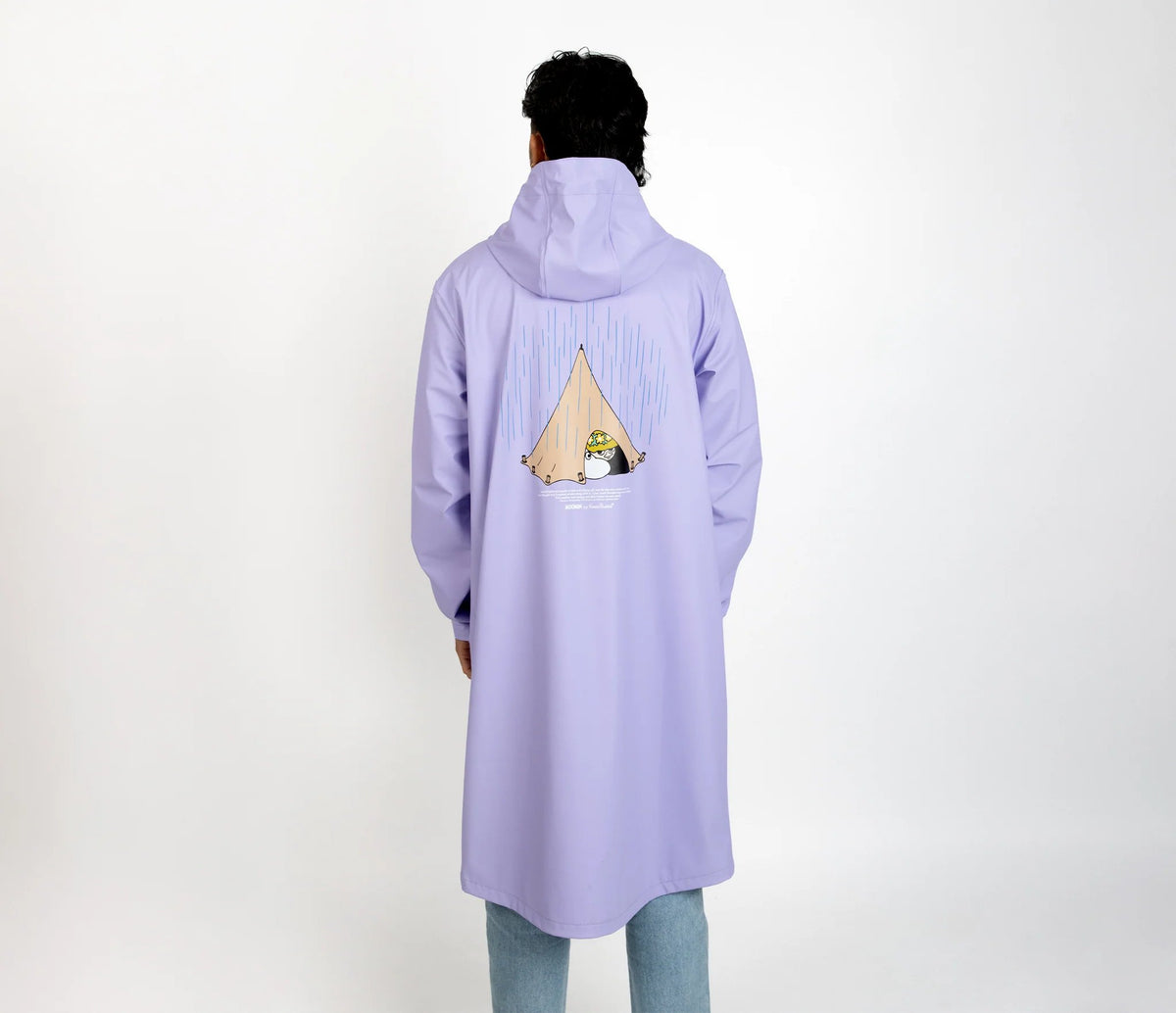 5. Men's Moomin Adventure Rain Jacket in lilac shown from the back with Moomin design