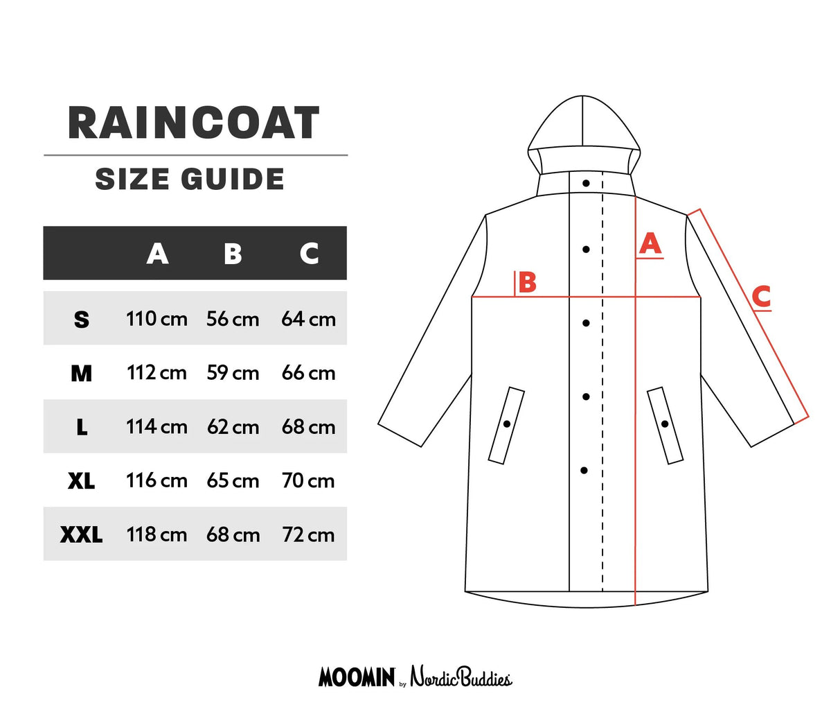 15. Size chart for Moomin Adventure Rain Jacket showing measurements for sizes S to XXL