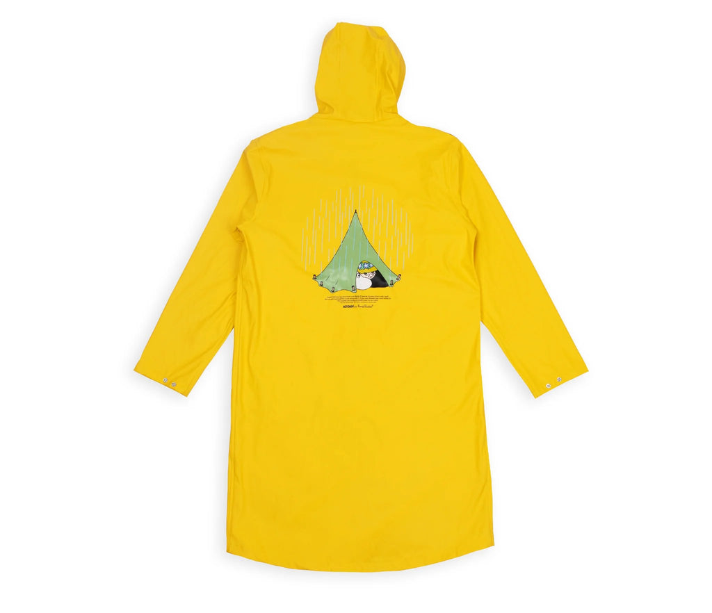 10. Back view of unisex yellow Moomin Adventure Rain Jacket with Moomin graphic