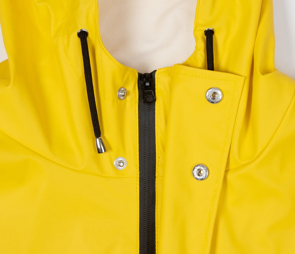15. Close-up of zipper and button closure on yellow Moomin Adventure Rain Jacket