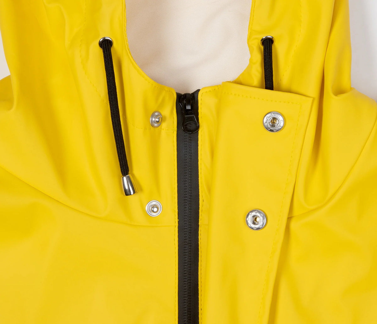15. Close-up of zipper and button closure on yellow Moomin Adventure Rain Jacket