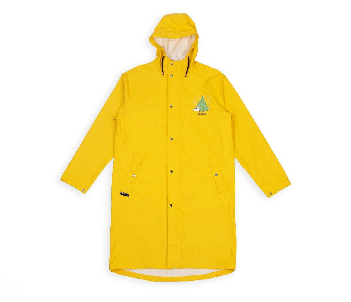 11. Front view of unisex yellow Moomin Adventure Rain Jacket with hood and button details