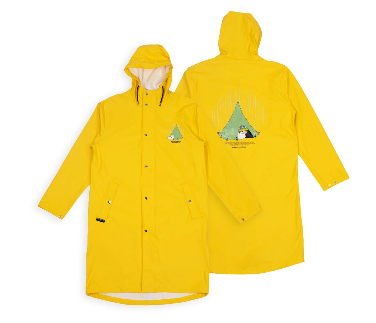 9. Front and back view of unisex yellow Moomin Adventure Rain Jacket with Moomin graphic