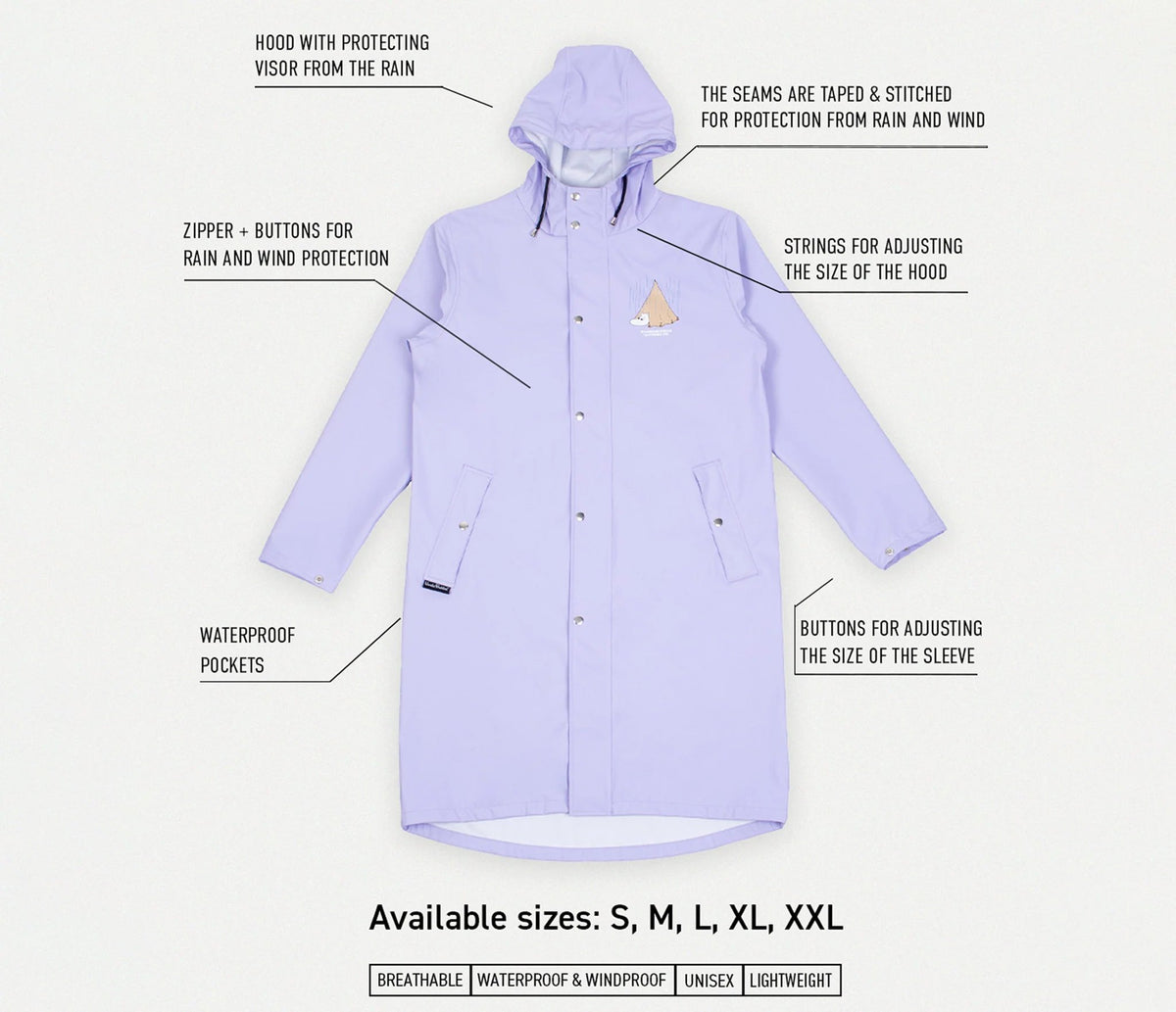 16. Size chart for Moomin Adventure Rain Jacket in purple, showing features and available sizes