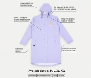 14. Diagram of Moomin Adventure Rain Jacket features including hood, pockets, and adjustable sleeves