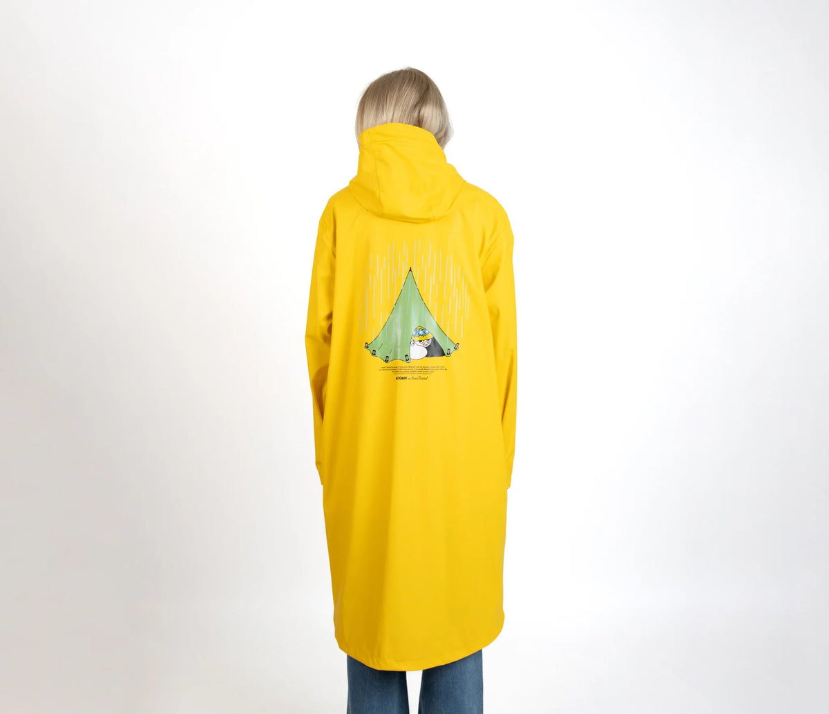 8. Back view of female model wearing unisex yellow Moomin Adventure Rain Jacket in studio
