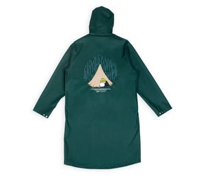 8. Back view of Moomin Adventure Rain Jacket in dark green, featuring tent graphic and hood