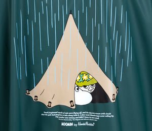 11. Close-up of Moomin Adventure Rain Jacket back graphic with tent and Moomin character