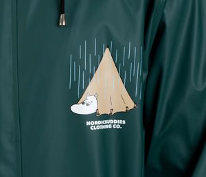 10. Close-up of Moomin Adventure Rain Jacket logo featuring tent and Moomin character