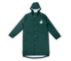 9. Front view of Moomin Adventure Rain Jacket in dark green with hood and button closure