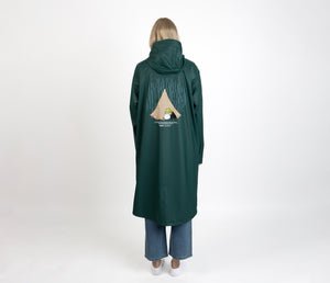 6. Women's Moomin Adventure Rain Jacket in dark green, back view showing tent graphic, studio setting