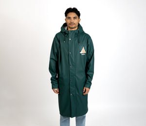 3. Men's Moomin Adventure Rain Jacket in dark green with hood, shown in studio front view