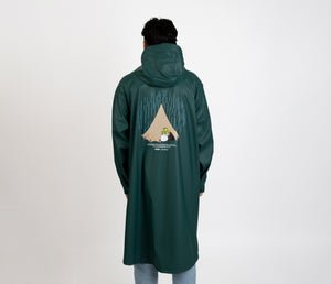 4. Men's Moomin Adventure Rain Jacket in dark green, back view showing tent graphic, studio setting
