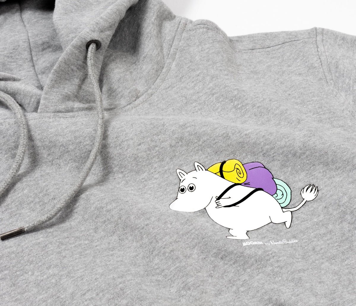 2. Close-up of Moomintroll graphic on grey Moomin by NordicBuddies hoodie