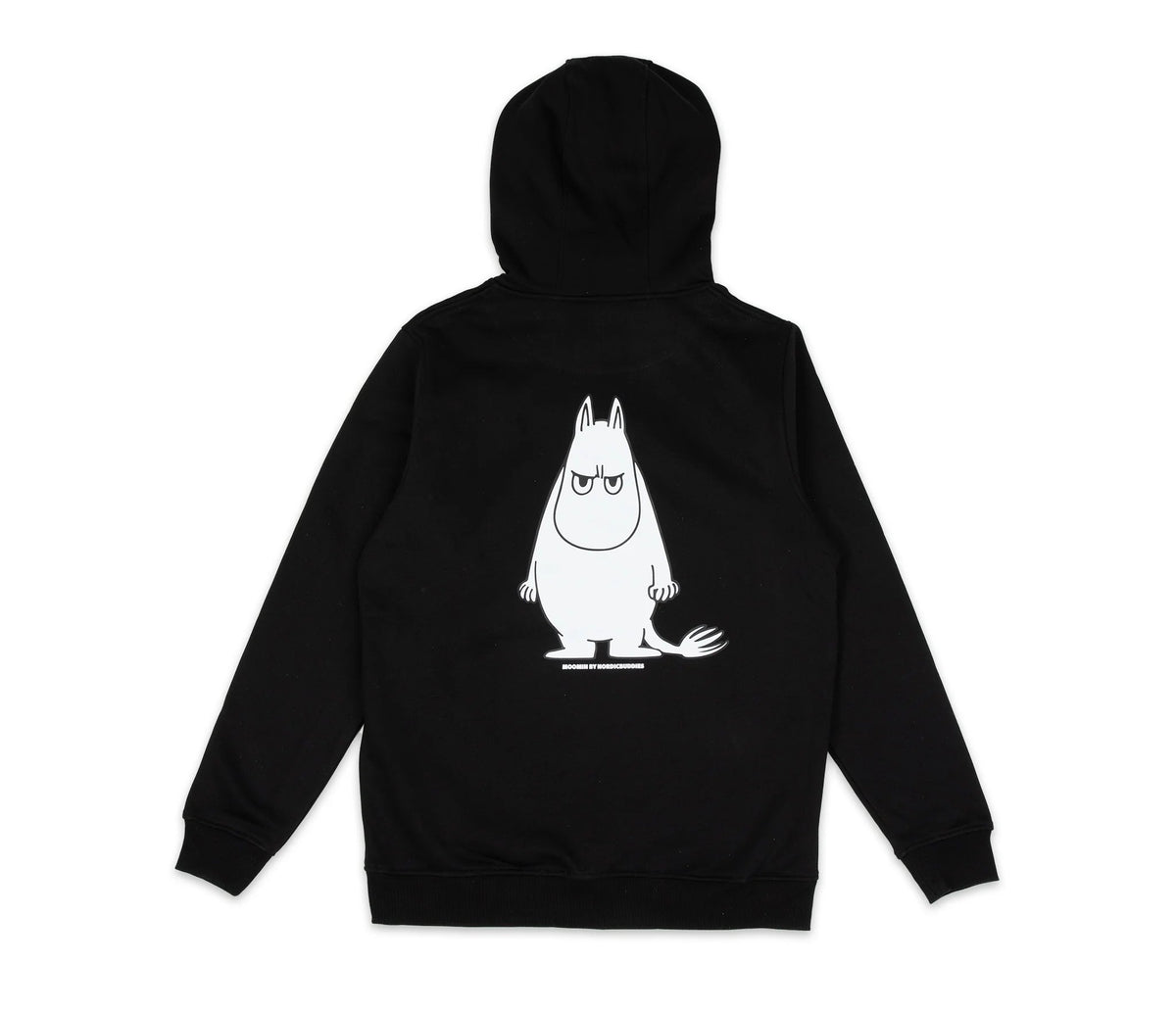 9. Back view of unisex black Moomintroll's Temper Hoodie with Moomin graphic in studio