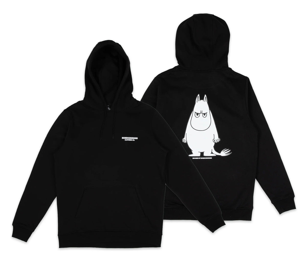 7. Flat lay of unisex black Moomintroll's Temper Hoodie showing front and back design