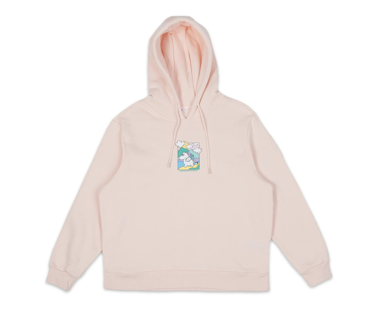 4. Front view of women's light pink Moomintroll's Adventure Hoodie by NordicBuddies, showing Moomin graphic