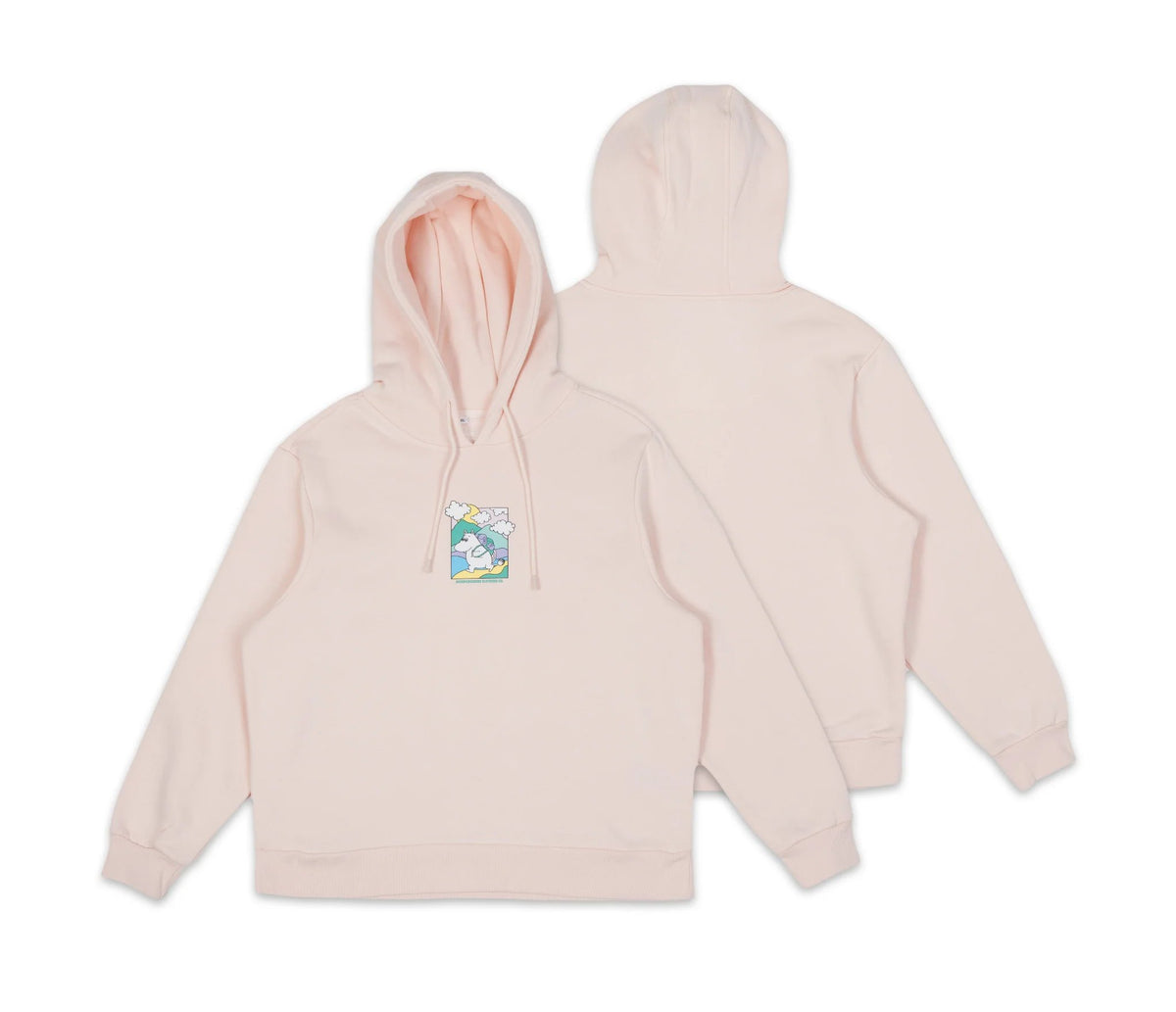 5. Front and back view of women's light pink Moomintroll's Adventure Hoodie by NordicBuddies, featuring Moomin graphic