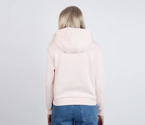 2. Back view of women's light pink Moomintroll's Adventure Hoodie by NordicBuddies, worn by female model in studio