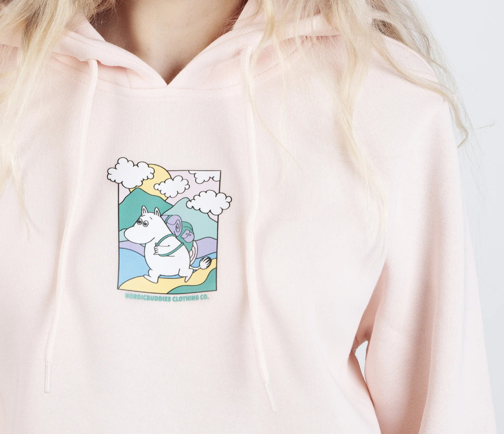 3. Close-up of Moomin graphic on women's light pink Moomintroll's Adventure Hoodie by NordicBuddies