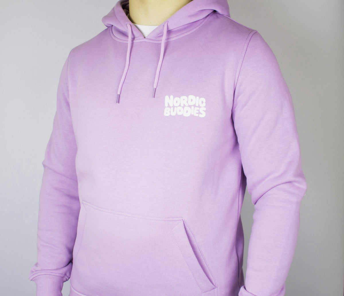 7. Man wearing unisex lilac Moomin hoodie by NordicBuddies, studio setting