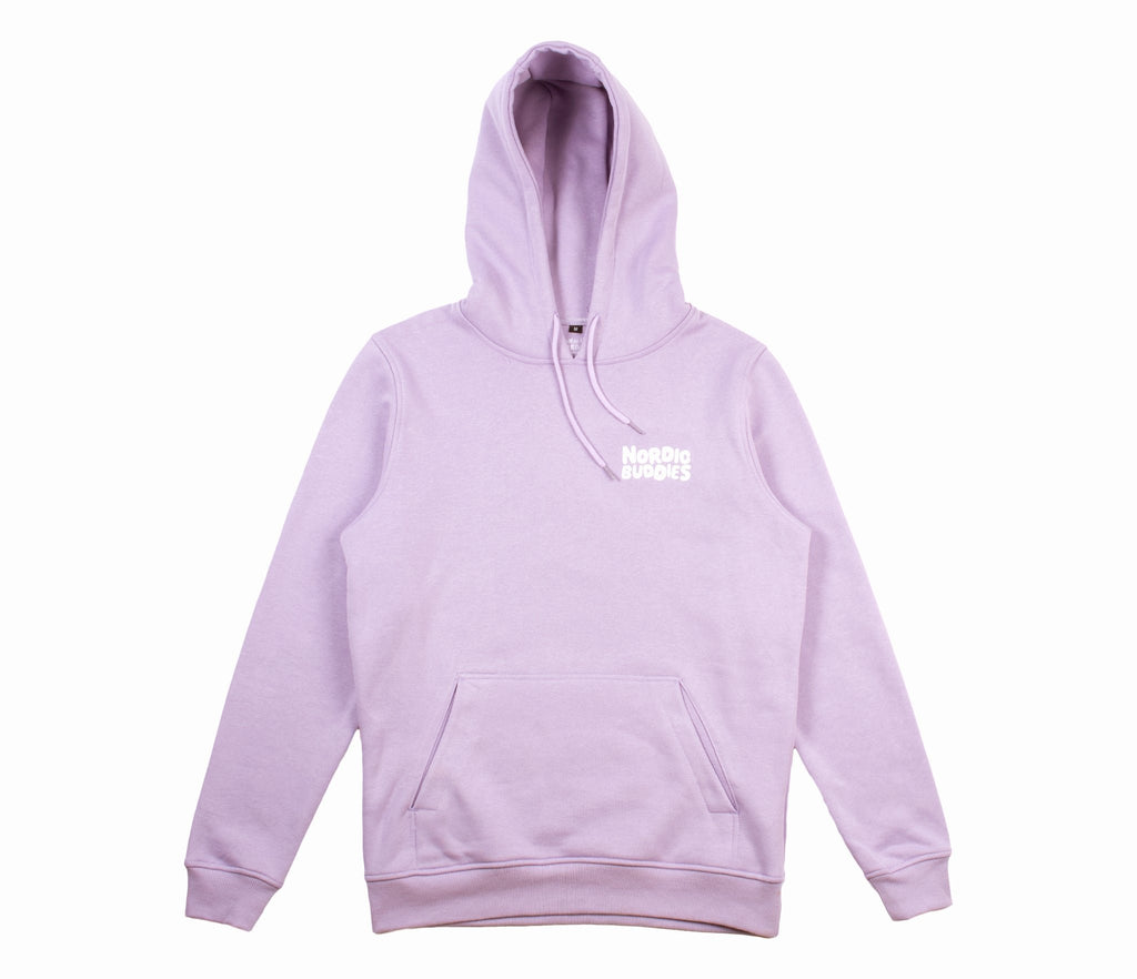 5. Studio shot of unisex lilac Moomin hoodie by NordicBuddies, front view with logo