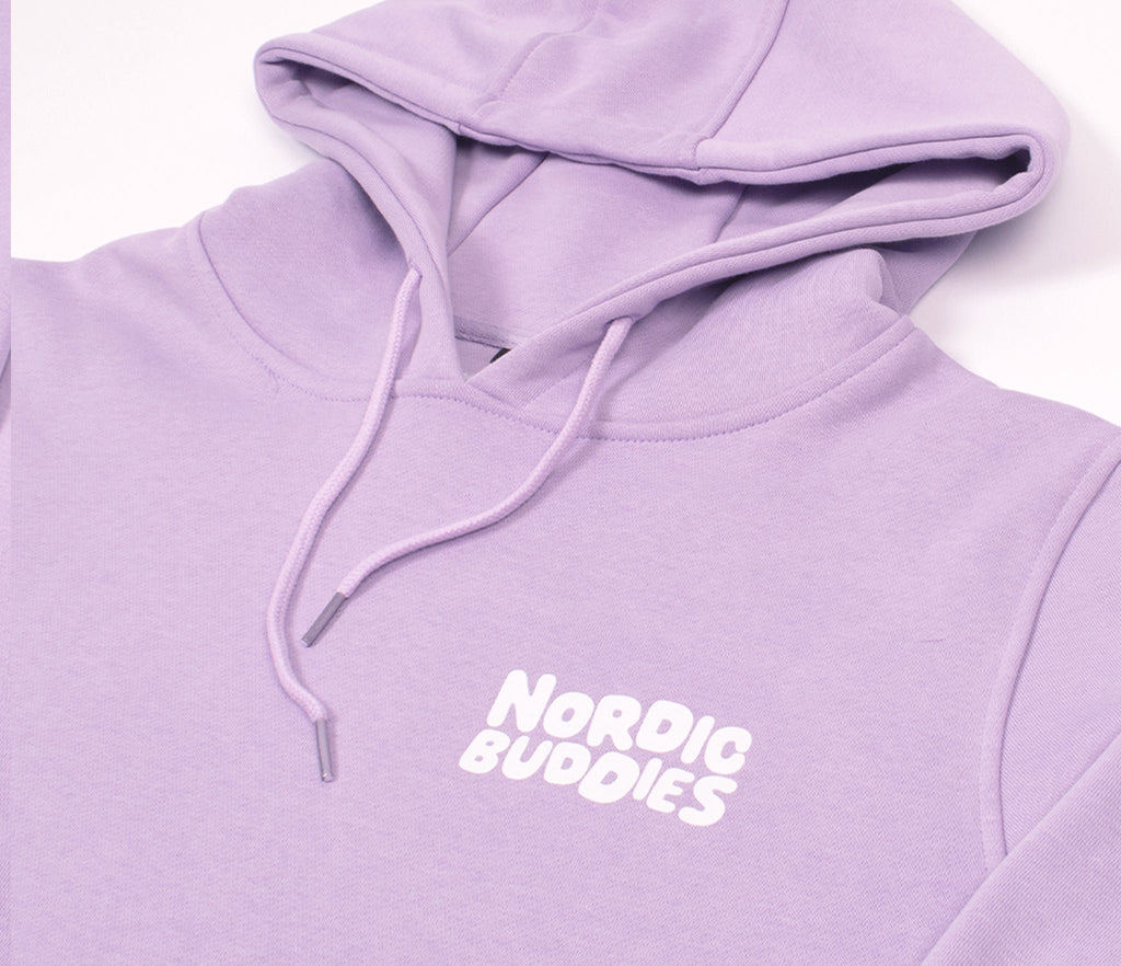 6. Close-up of NordicBuddies logo on lilac Moomin hoodie