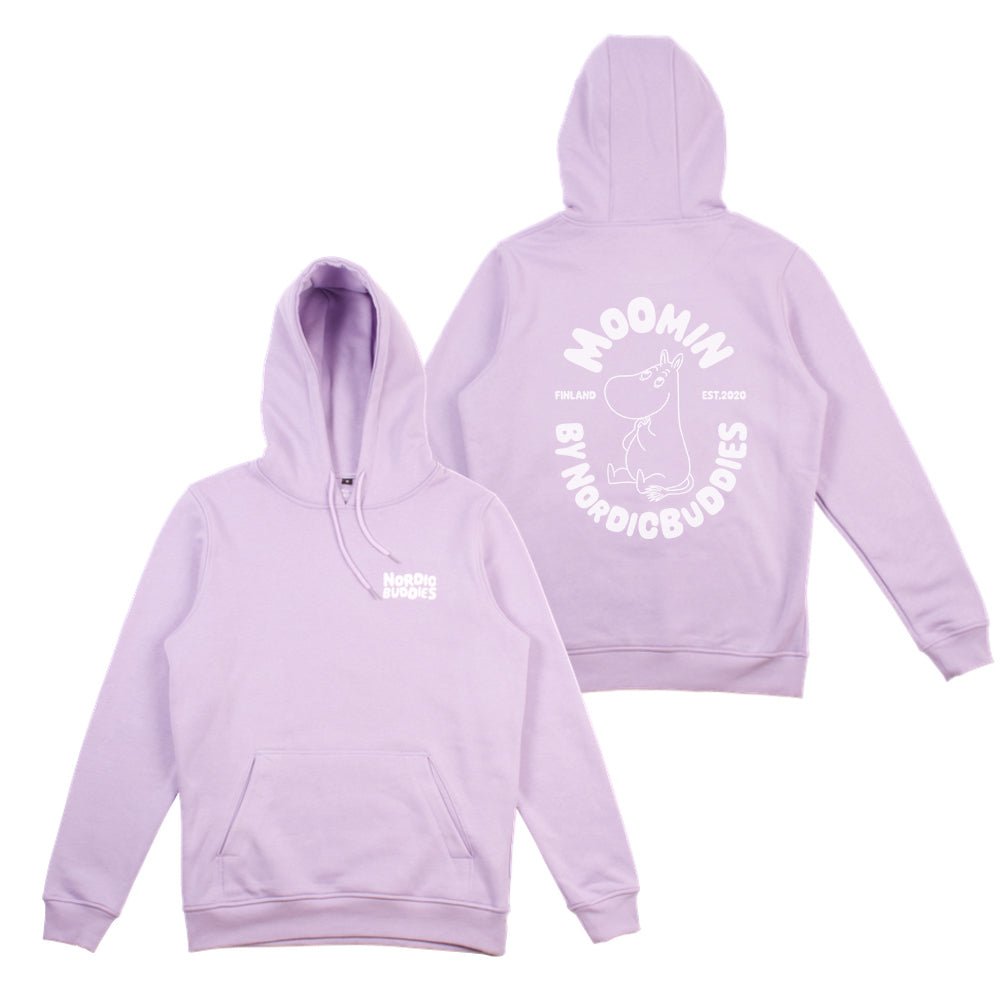 2. Unisex lilac Moomin hoodie by NordicBuddies, front and back view showing minimalistic character detail