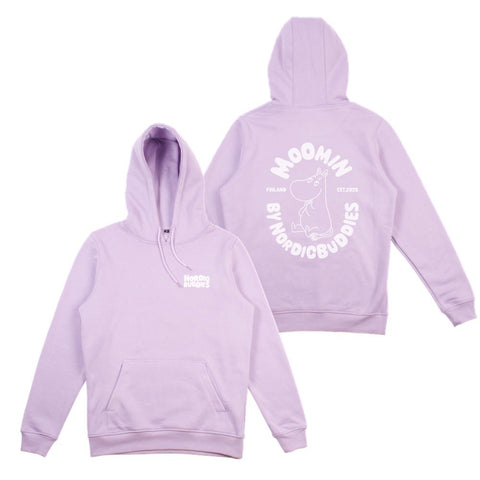 2. Unisex lilac Moomin hoodie by NordicBuddies, front and back view showing minimalistic character detail