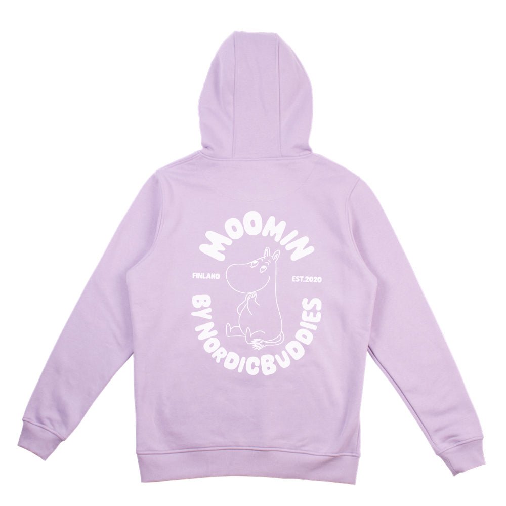 3. Back view of unisex lilac Moomin hoodie by NordicBuddies with character detail