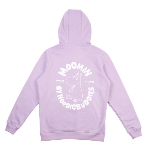 3. Back view of unisex lilac Moomin hoodie by NordicBuddies with character detail