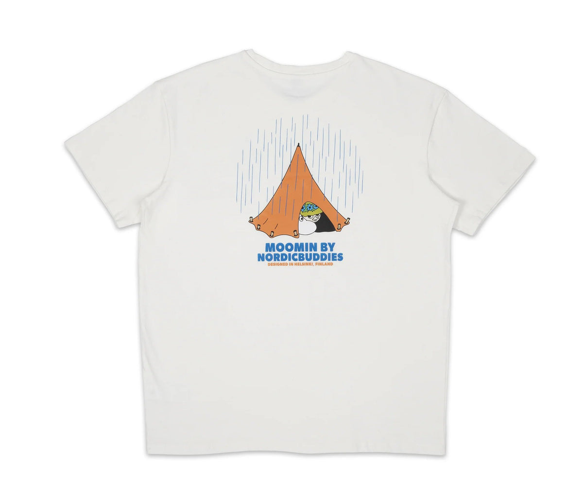 5. Flat lay of unisex white Moomin Adventure T-Shirt, back view with tent graphic and Moomin by NordicBuddies logo